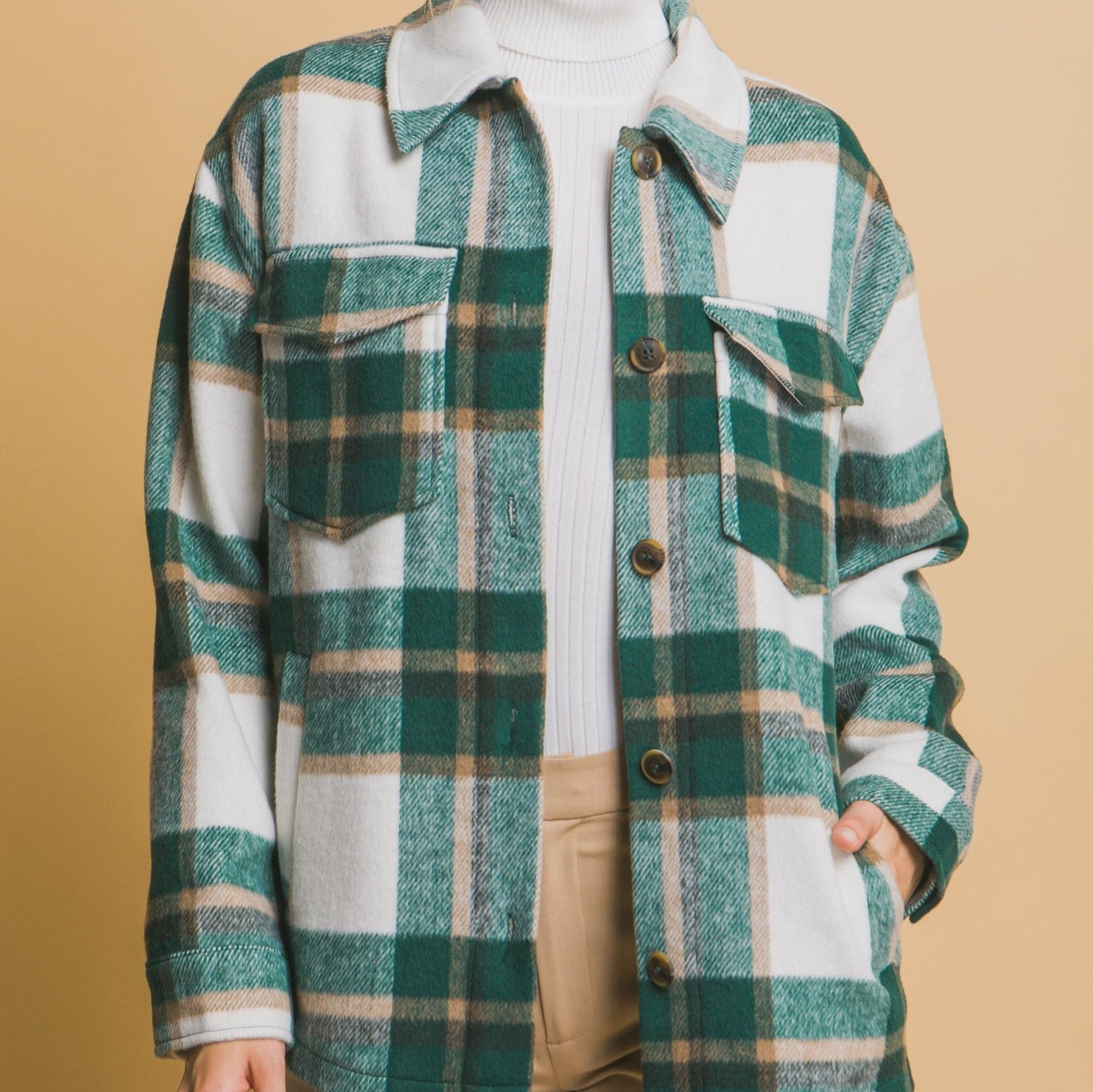 Green Plaid Flap Pocket Shacket