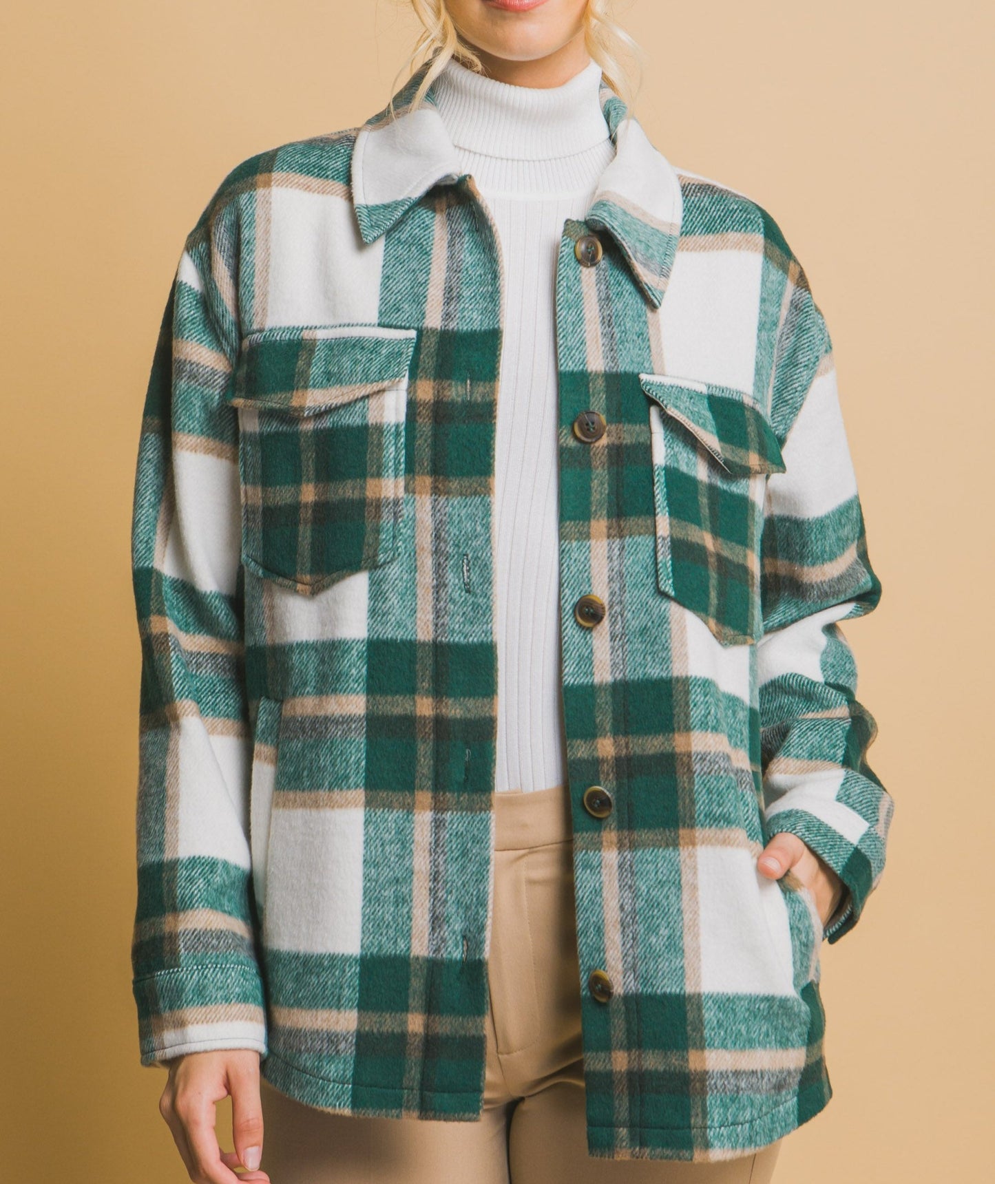 Green Plaid Flap Pocket Shacket