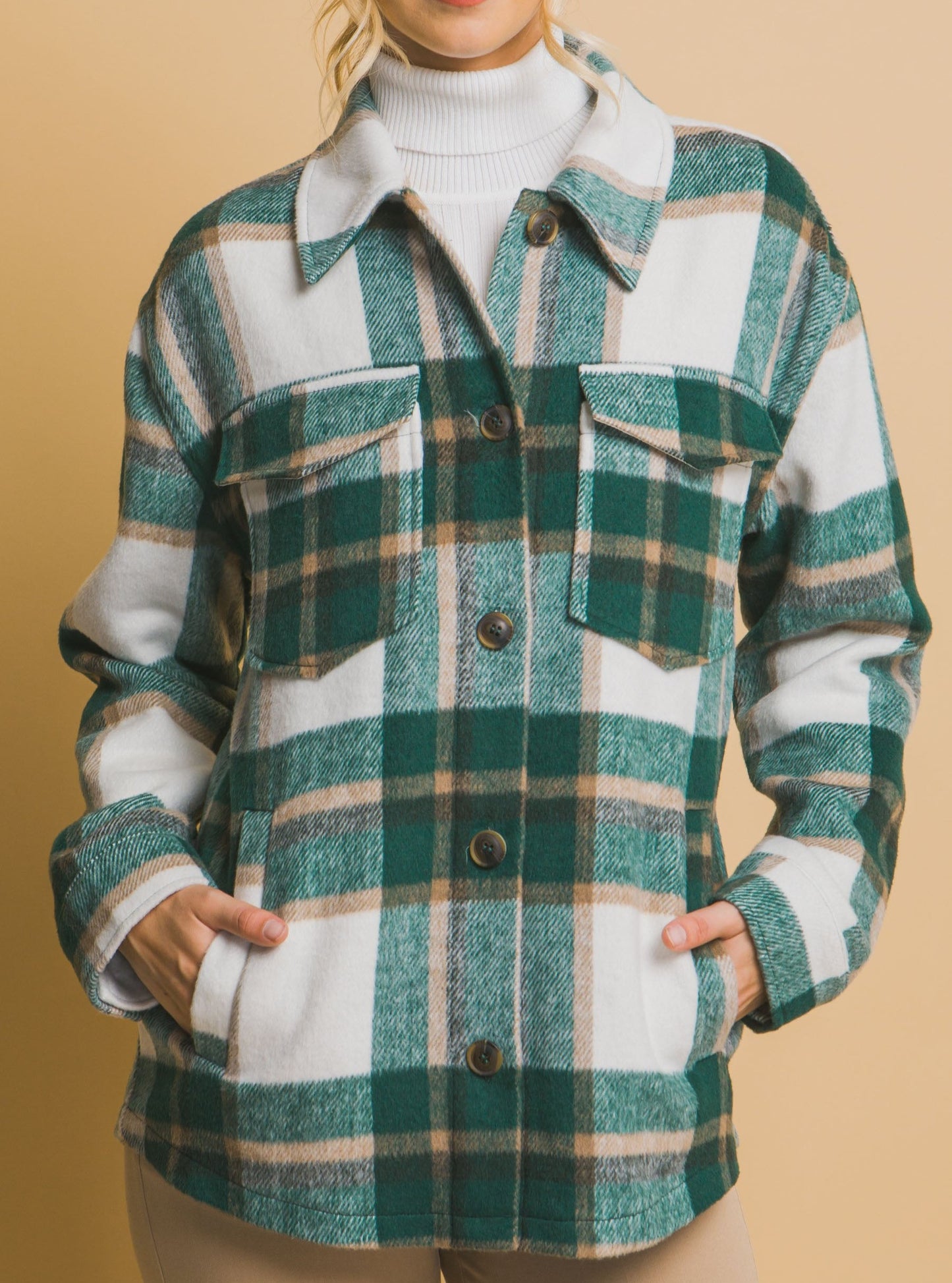 Green Plaid Flap Pocket Shacket