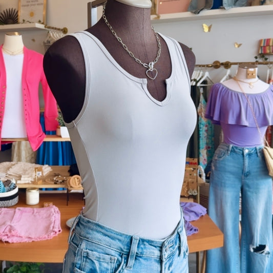 Split Neck Bodysuit (Light Grey) - SALE