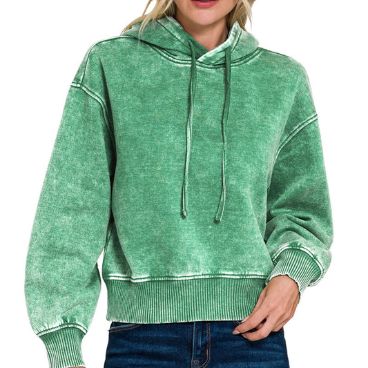 Acid Wash Cropped Hoodie (Forest Green)