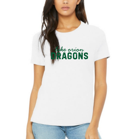 Cursive Lake Orion DRAGONS Short Sleeve Tee (White)