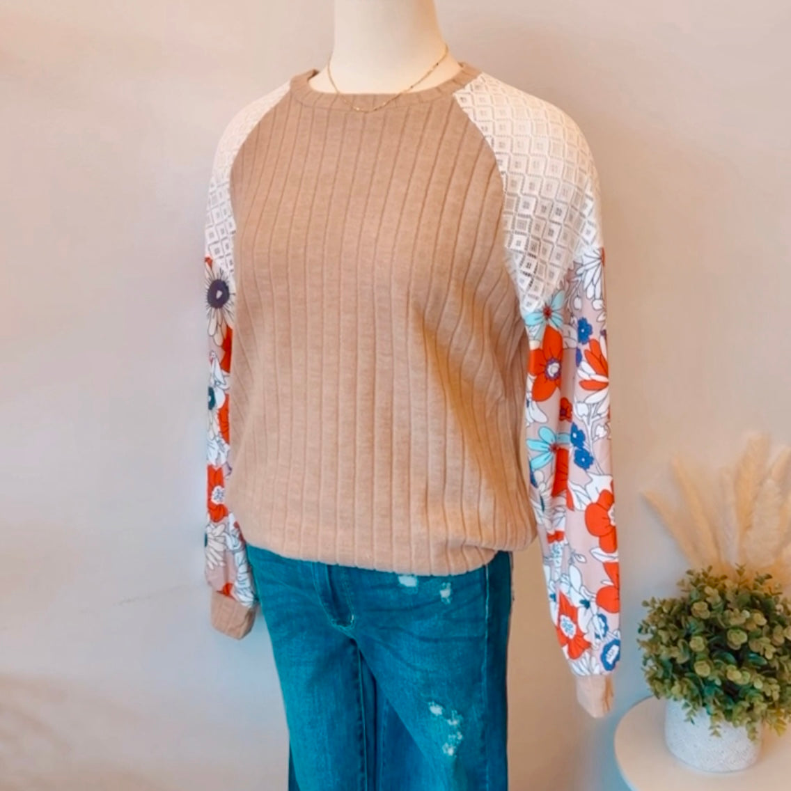 Floral Patchwork Ribbed Blouse