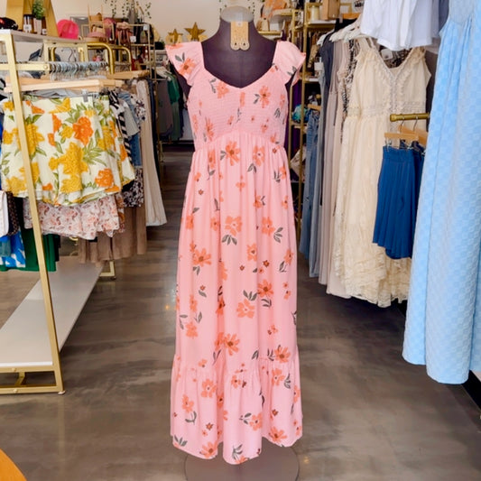 Floral V-Neck Smocked Ruffle Hem Maxi Dress