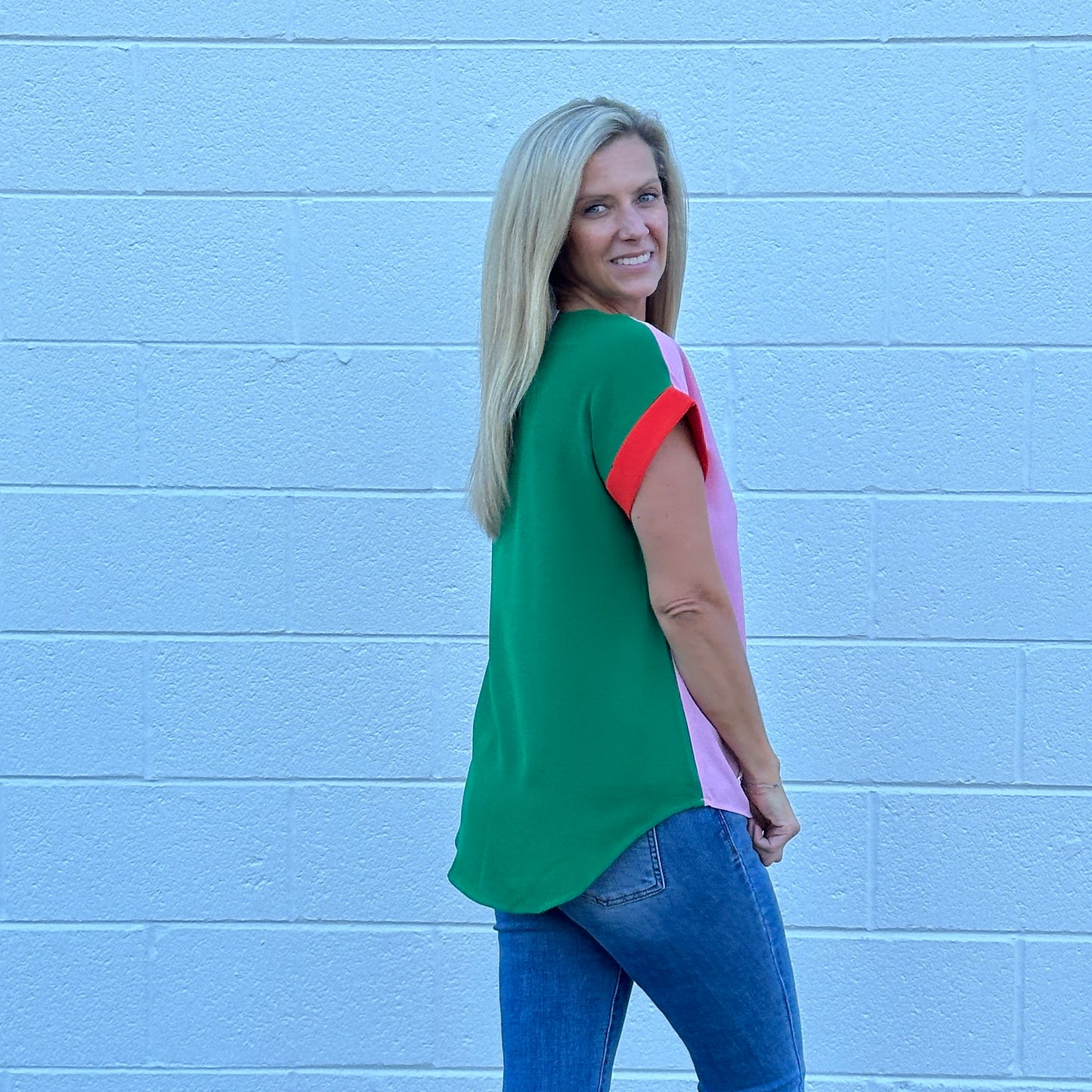 Color Block Zip Front Top (Pink)