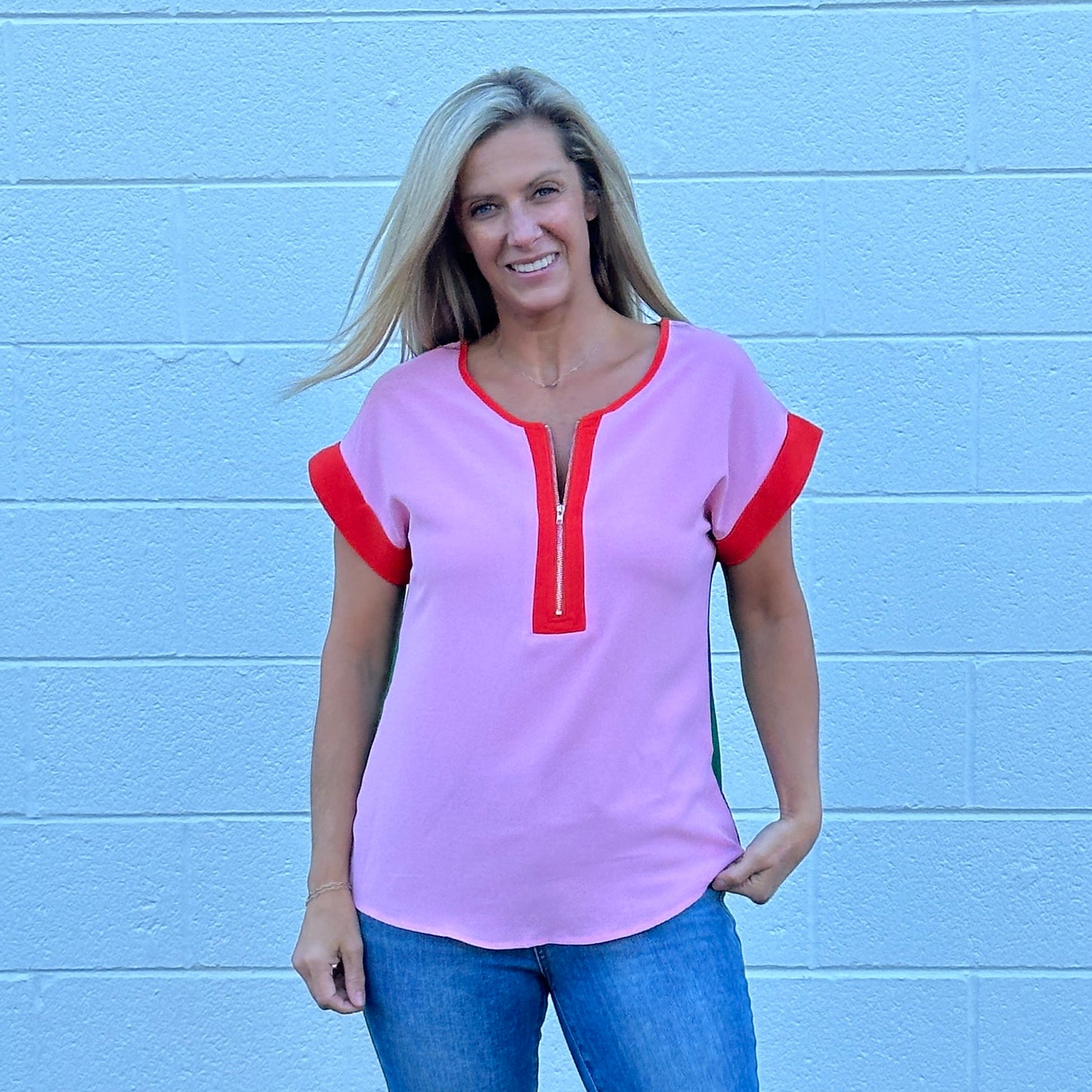 Color Block Zip Front Top (Pink)