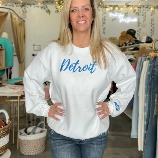 Detroit Sweatshirt (White / Blue Glitter Graphic)