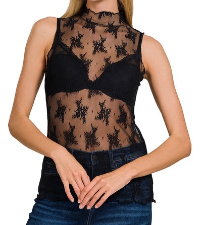 Sleeveless Lace Sheer Top (Black)