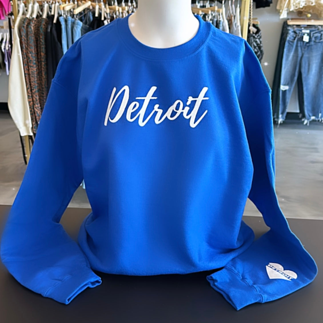 Detroit Sweatshirt (Blue / White Glitter Graphic)