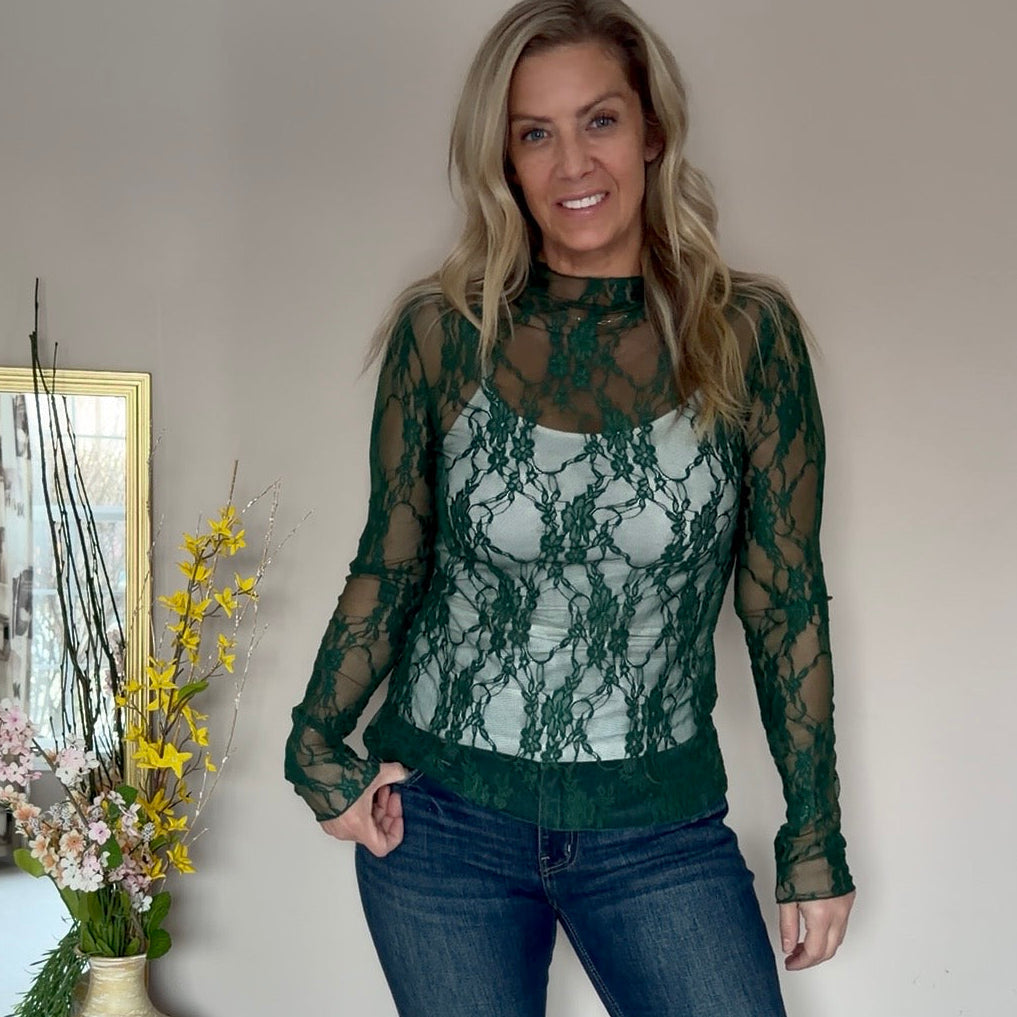 Forest Green Mesh Long Sleeve Lace Top