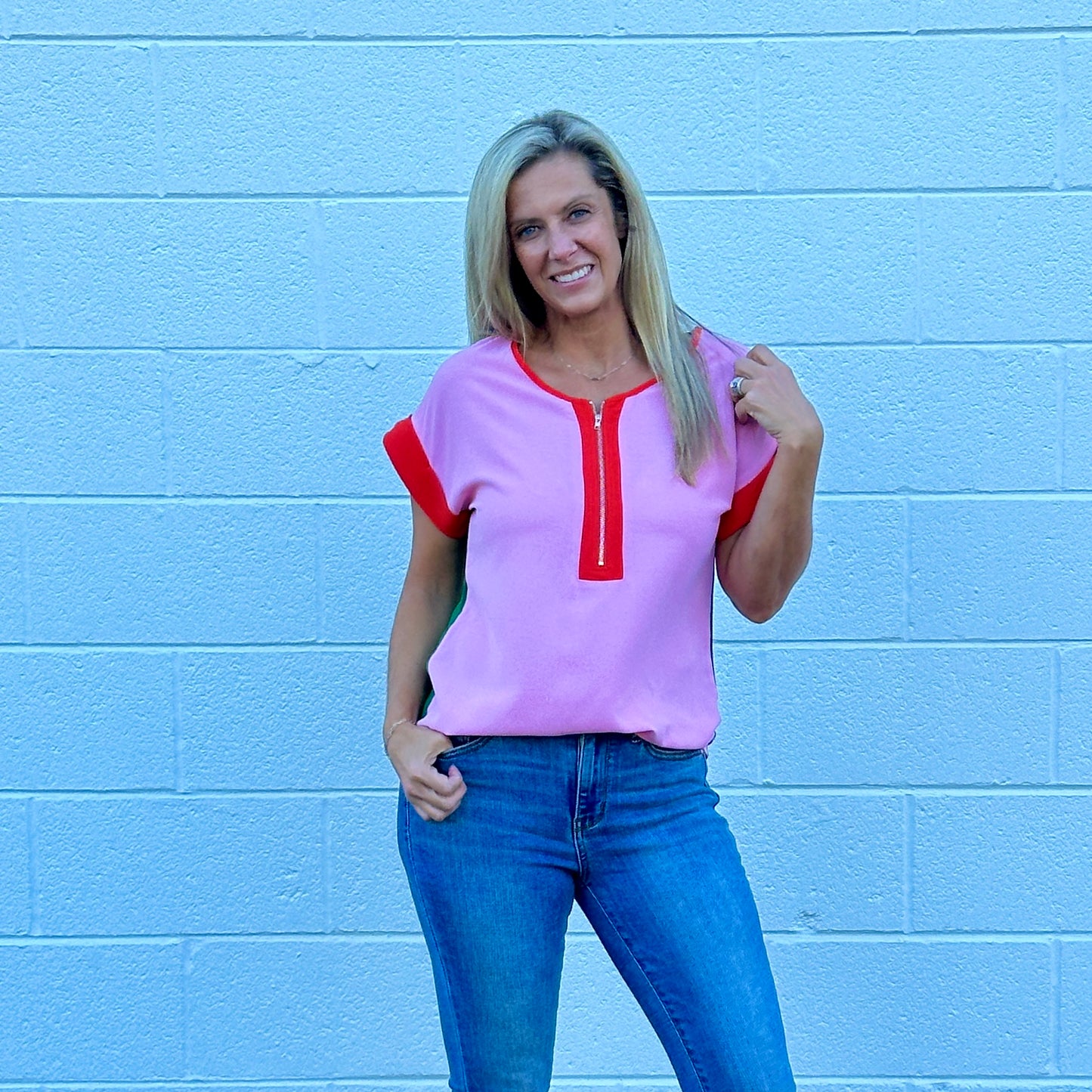 Color Block Zip Front Top (Pink)