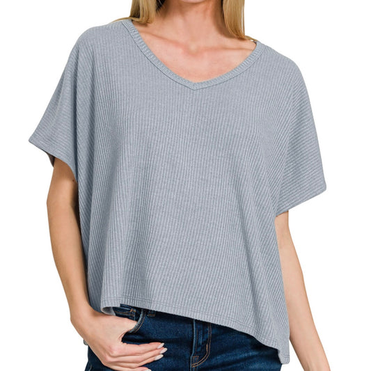 Ribbed V-Neck Top (Grey)