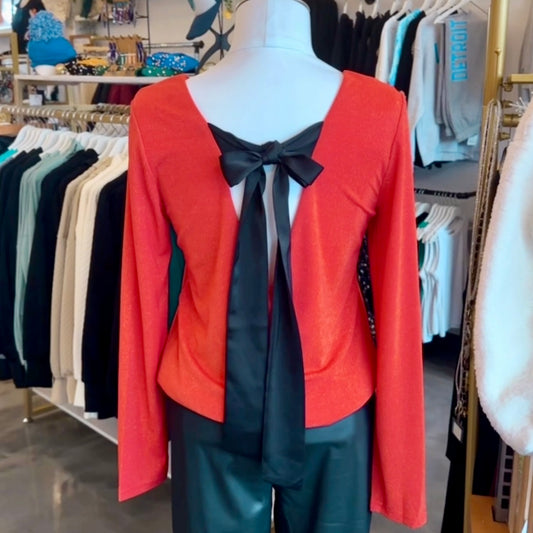 Red Metallic Bow Back Top