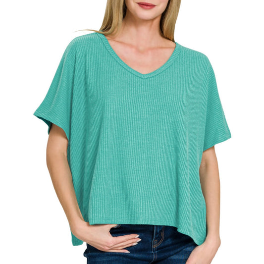 Ribbed V-Neck Top (Teal)