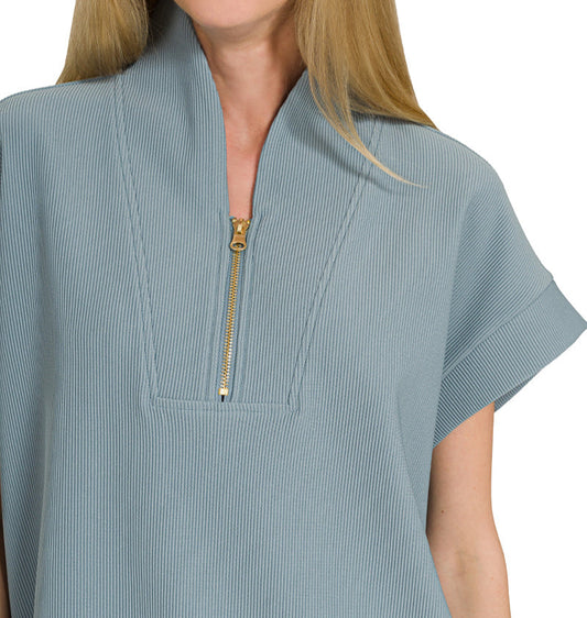 High Neck Half Zip Top (Blue Grey)