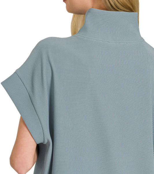 High Neck Half Zip Top (Blue Grey)