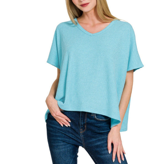 Ribbed V-Neck Top (Sky Blue)