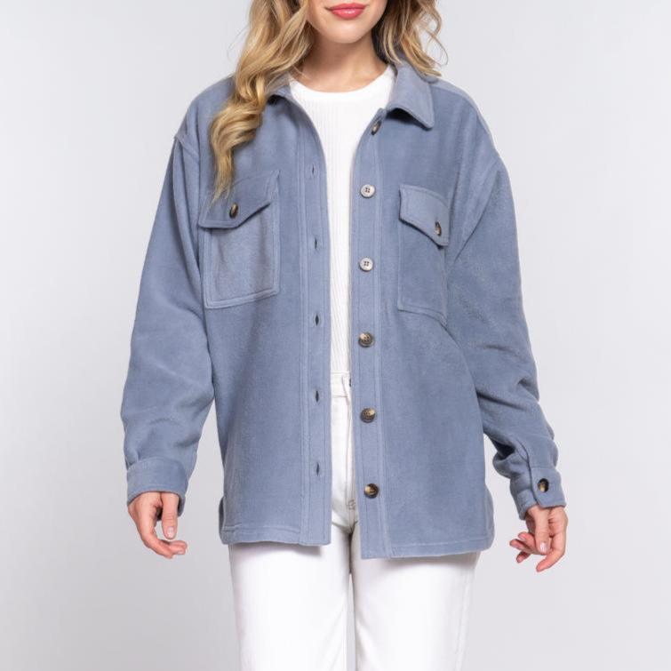 Fleece Shacket With Pockets (Blue)