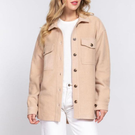 Fleece Shacket With Pockets (Beige)