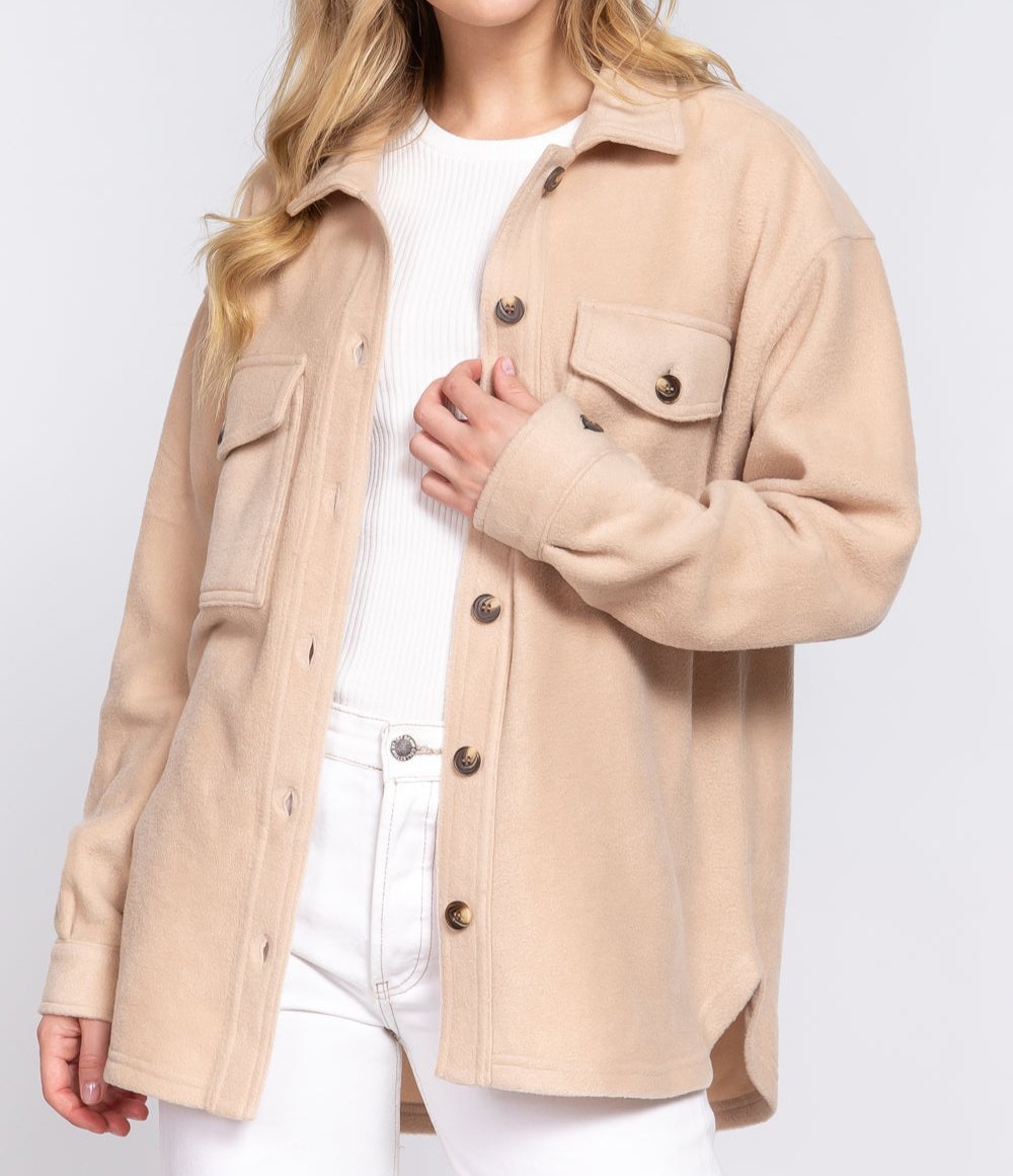 Fleece Shacket With Pockets (Beige)