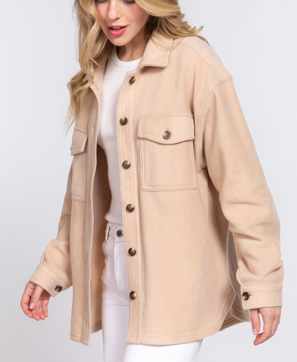 Fleece Shacket With Pockets (Beige)