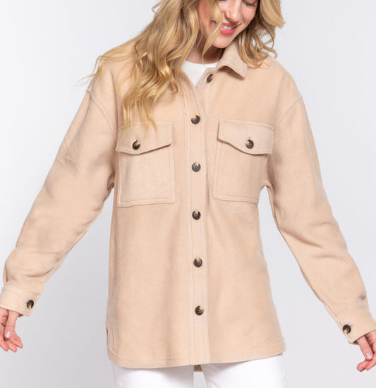 Fleece Shacket With Pockets (Beige)