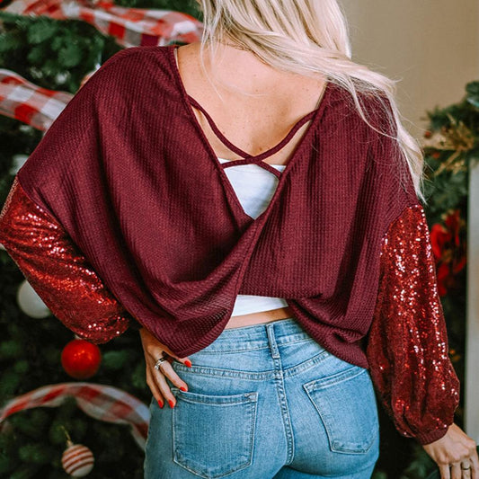 Sequin Open Back Waffle Knit Top (Merlot)