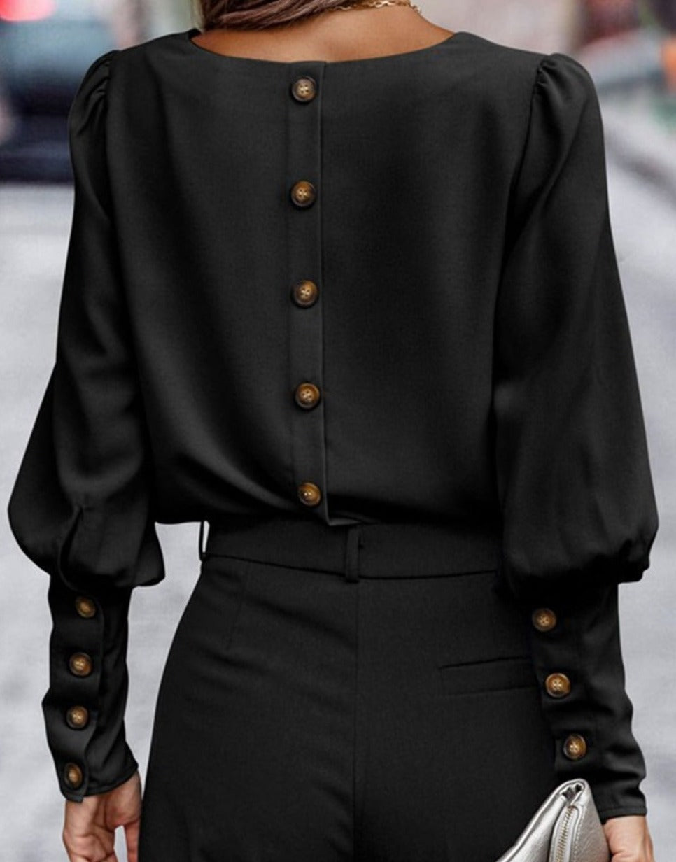 Button Back Puff Sleeve Blouse