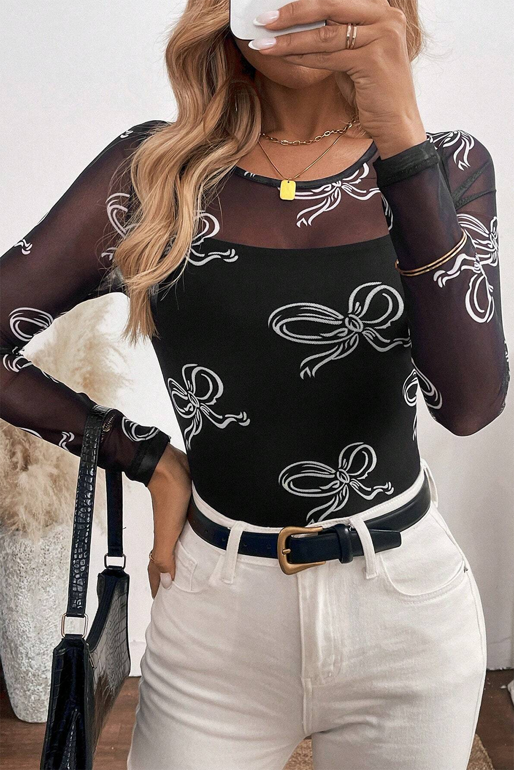 Black Bow Print Mesh Top