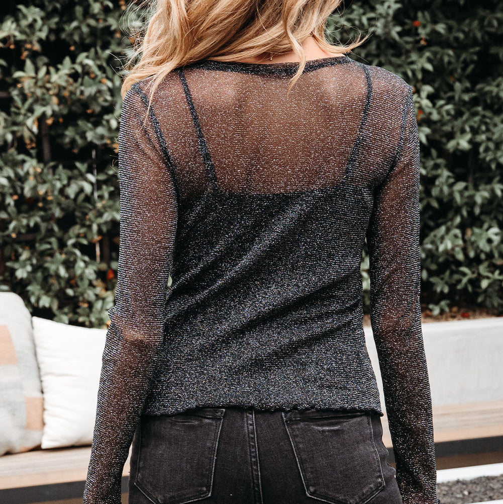 Metallic Glitter Mesh Long Sleeve Top
