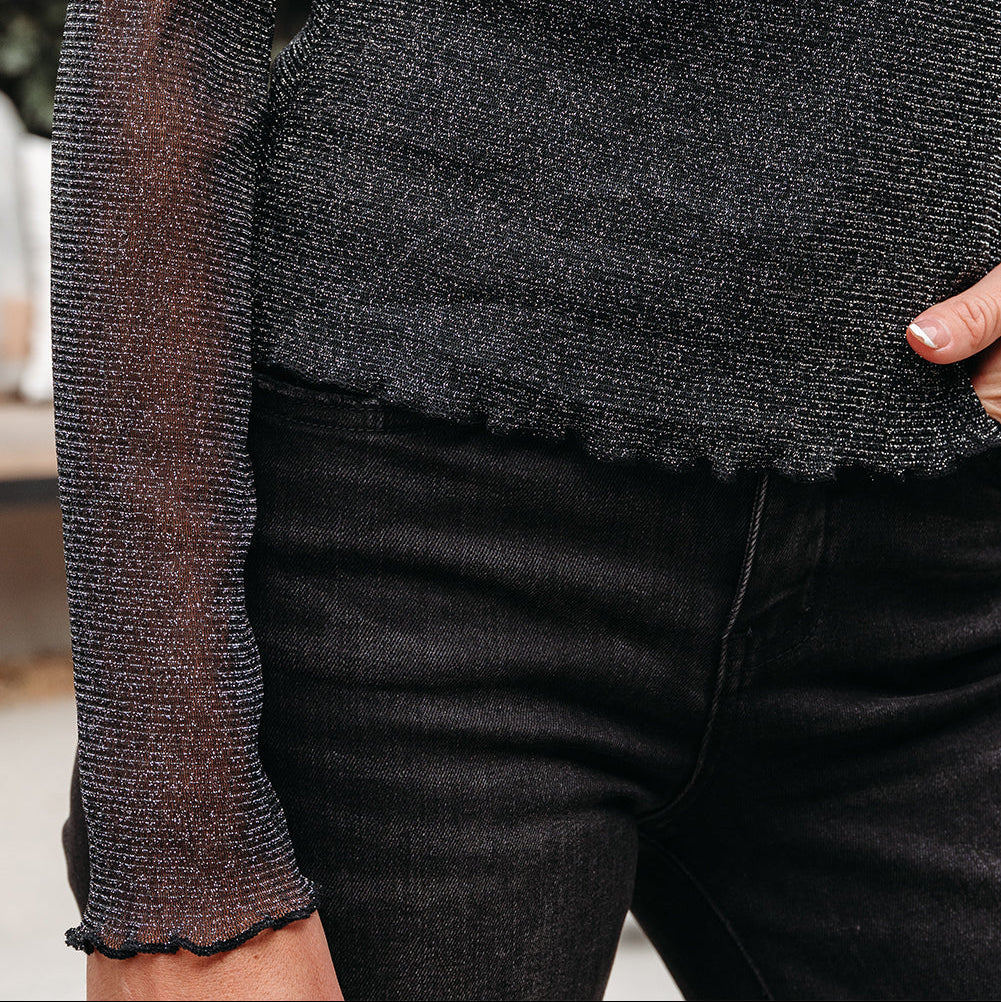 Metallic Glitter Mesh Long Sleeve Top