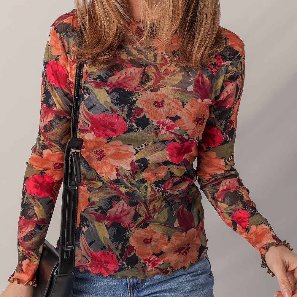 Floral Print Long Sleeve Mesh Top