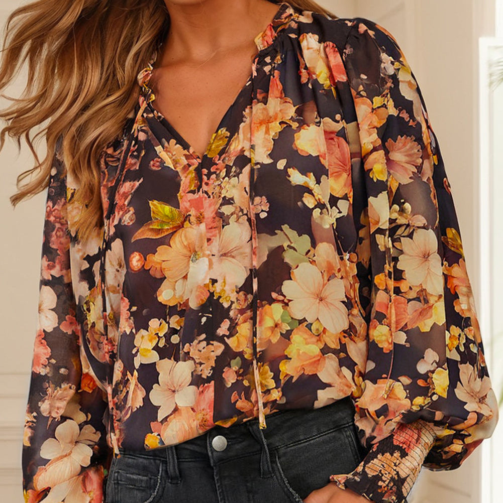 Floral V Neck Puff Sleeve Blouse