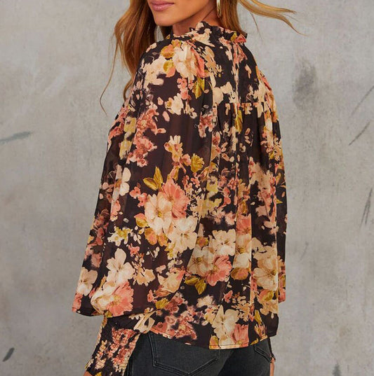 Floral V Neck Puff Sleeve Blouse