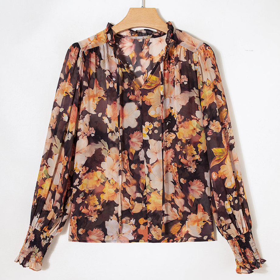Floral V Neck Puff Sleeve Blouse