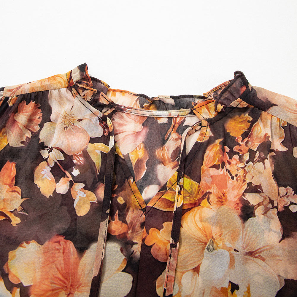 Floral V Neck Puff Sleeve Blouse