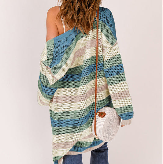 Long Striped Color Block Knit Cardigan