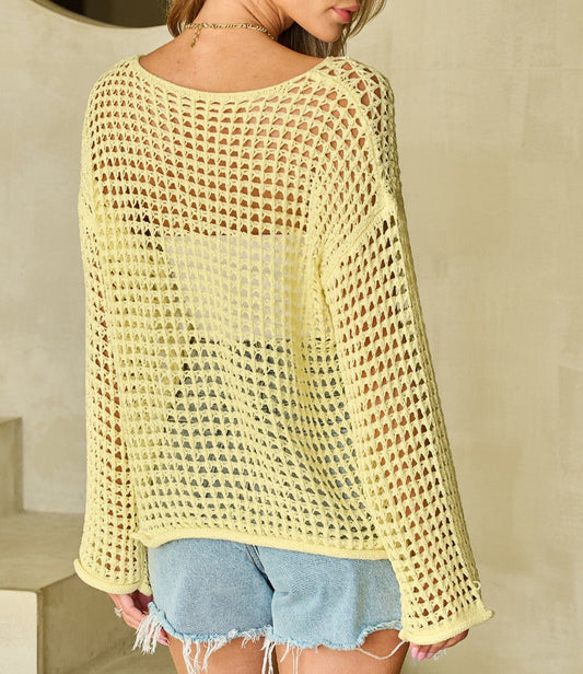 Yellow Open Knit Bell Sleeve Top
