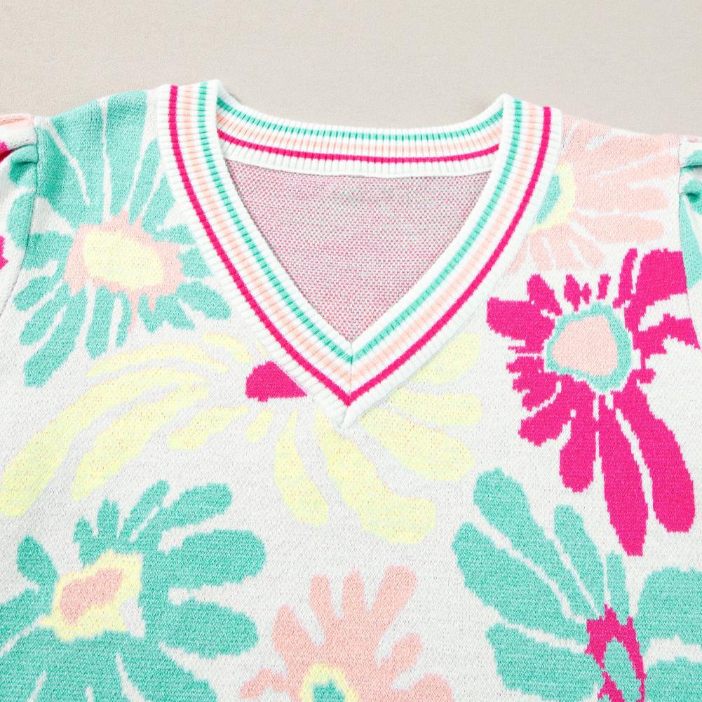 Floral Print Short Sleeve Sweater - SALE