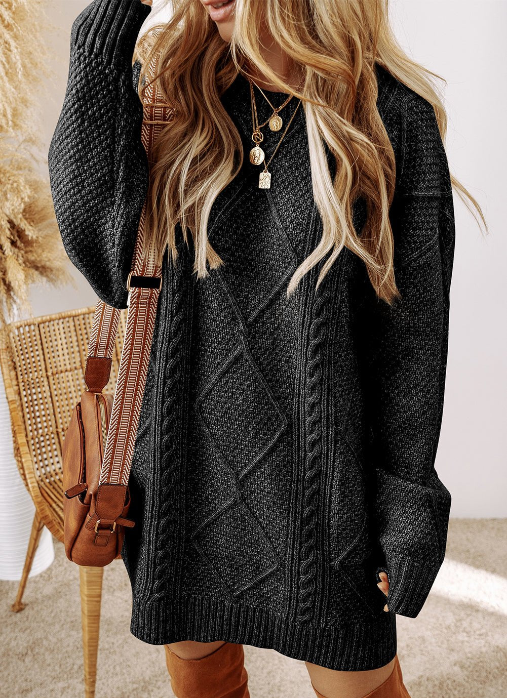 Cable Knit Sweater Dress (Black)