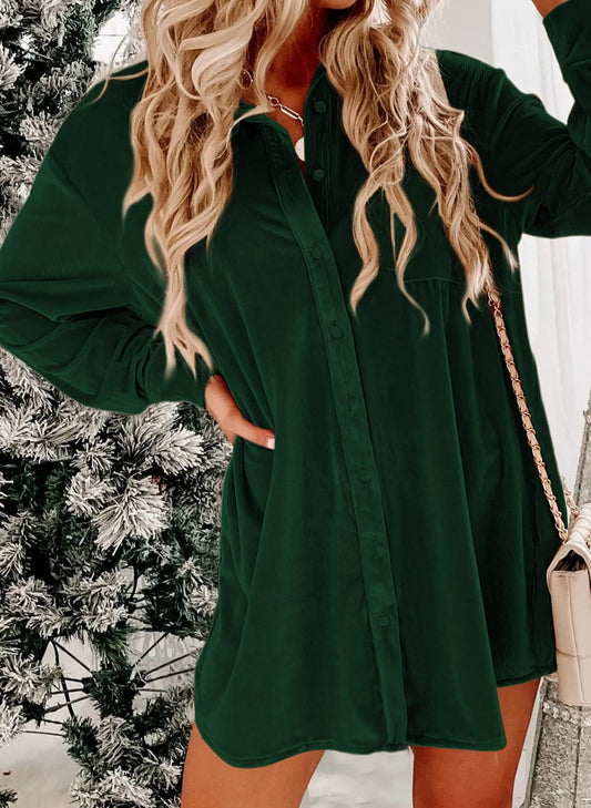 Rocking Around Velvet Button Front Shirt Dress - SALE