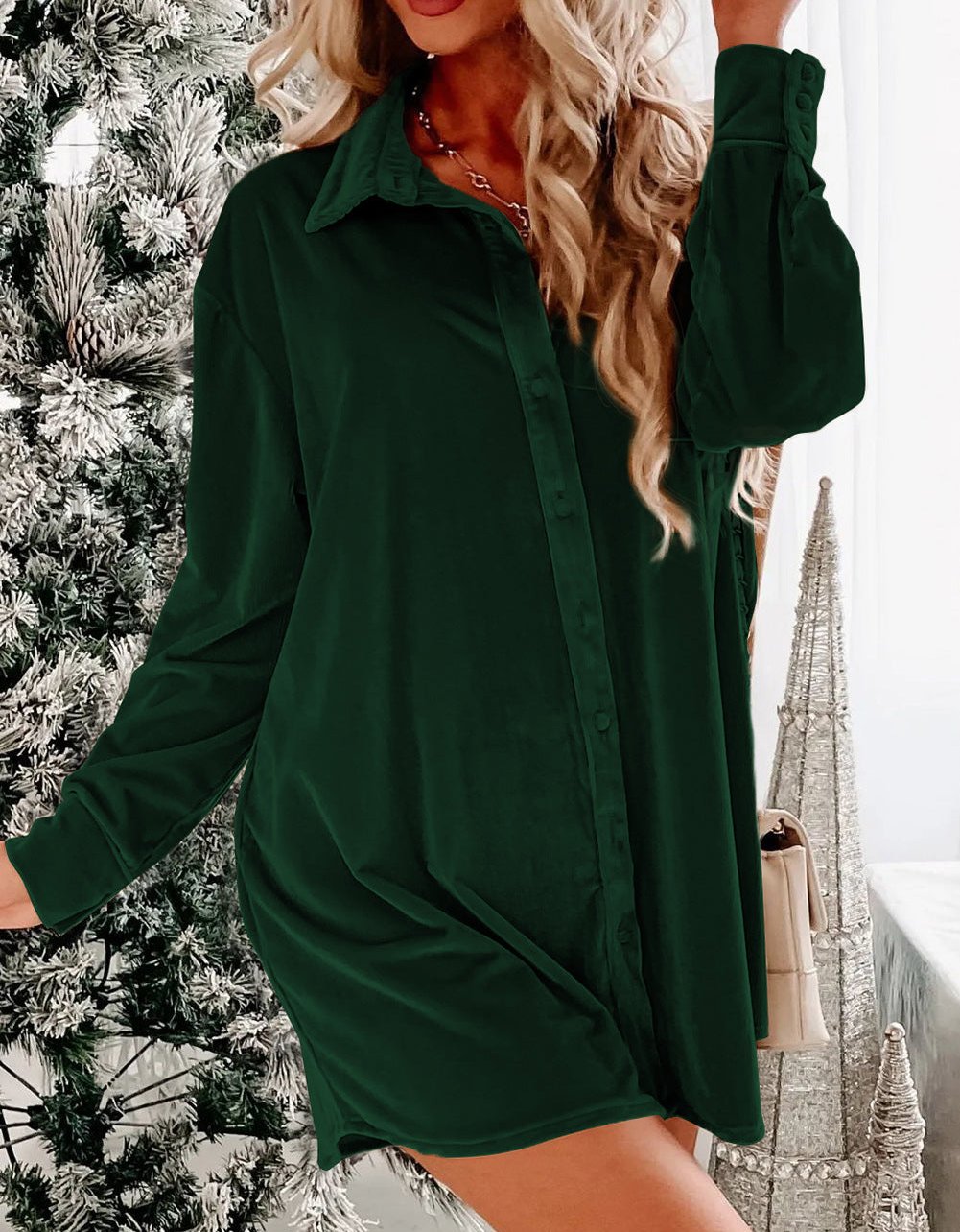 Rocking Around Velvet Button Front Shirt Dress