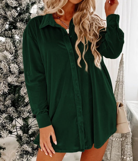 Rocking Around Velvet Button Front Shirt Dress - SALE