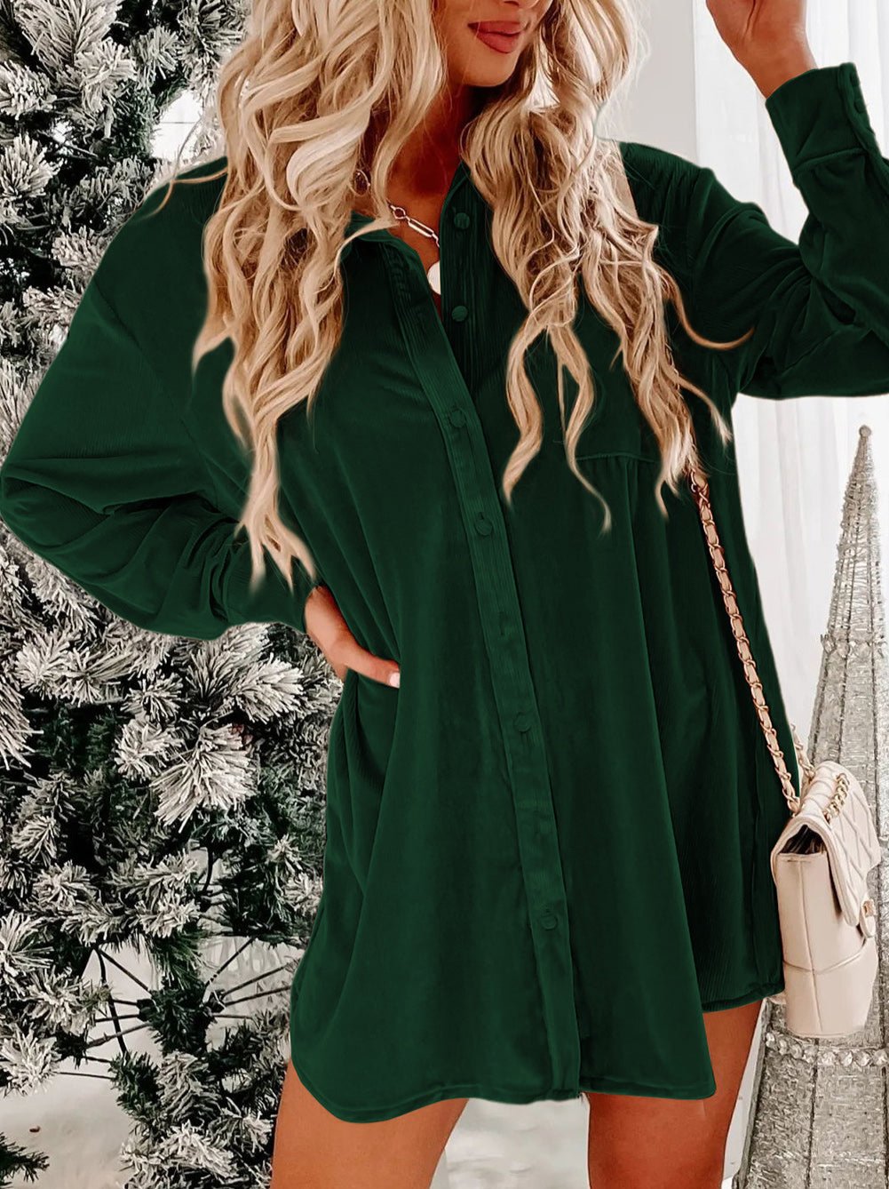 Rocking Around Velvet Button Front Shirt Dress