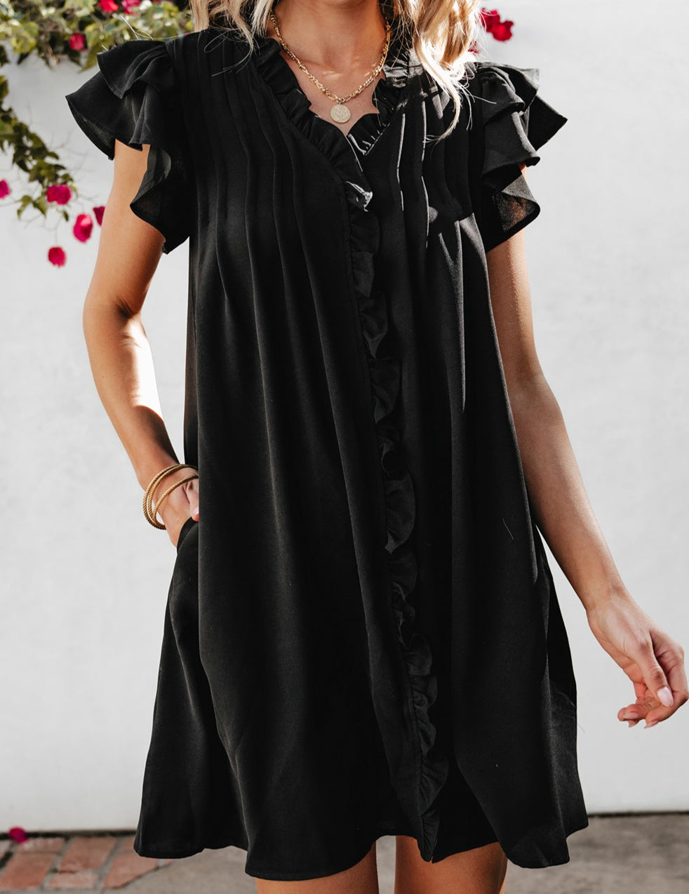 Ruffle Sleeve V Neck Dress (Black)- SALE