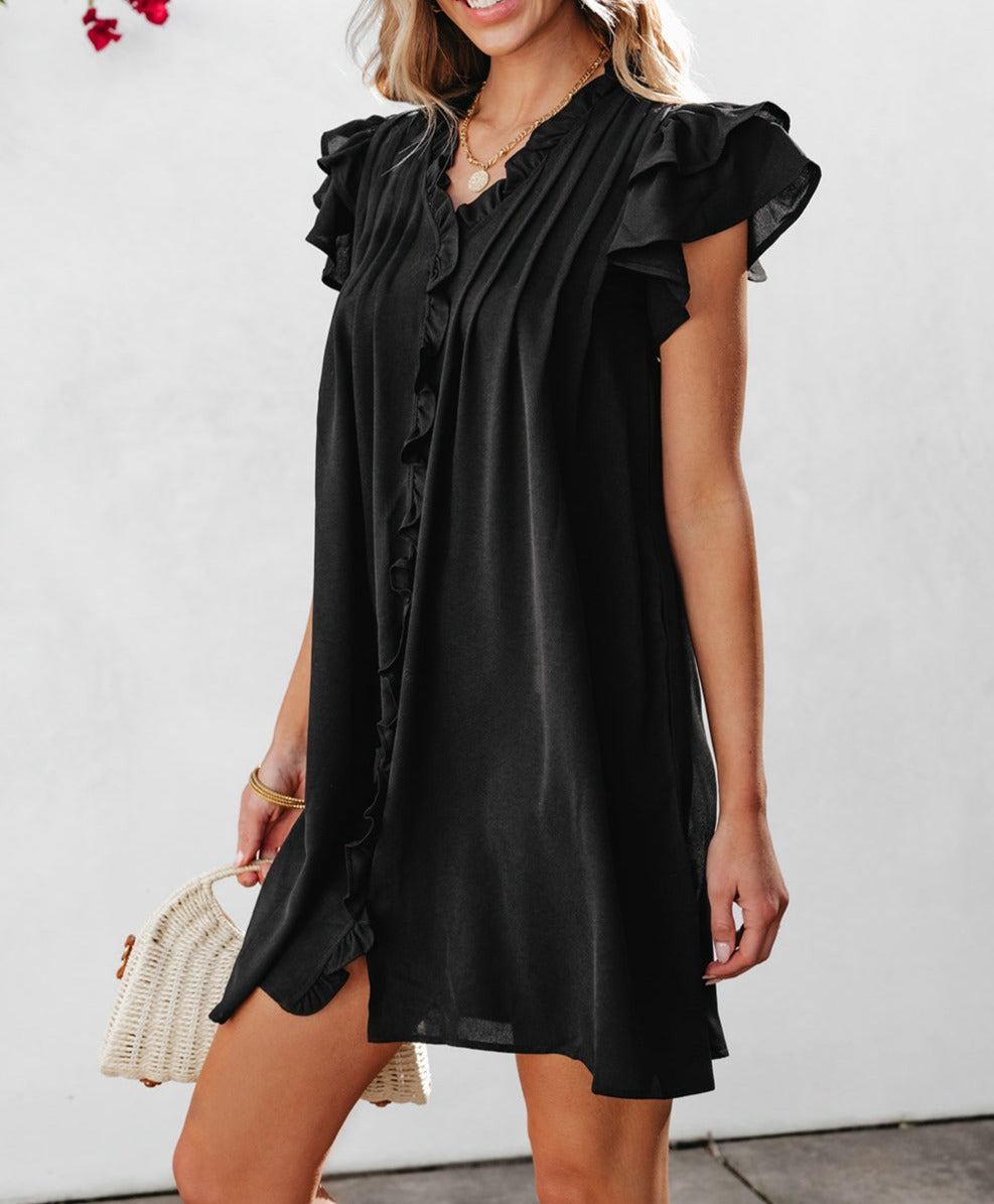 Ruffle Sleeve V Neck Dress (Black)- SALE