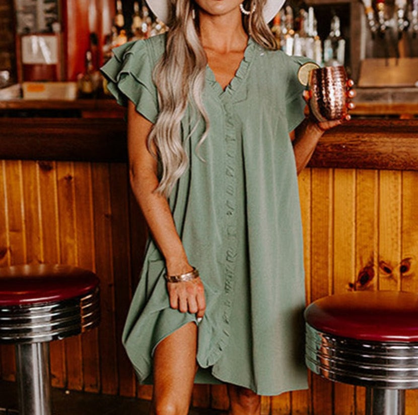 Ruffle Sleeve V Neck Dress (Sage) - SALE