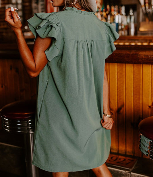 Ruffle Sleeve V Neck Dress (Sage) - SALE