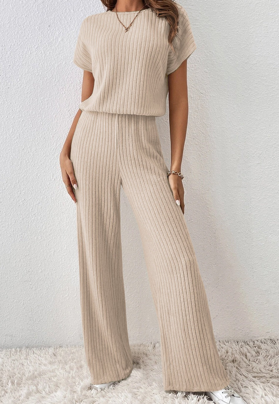 Ribbed Wide Leg Jumpsuit (Sand)