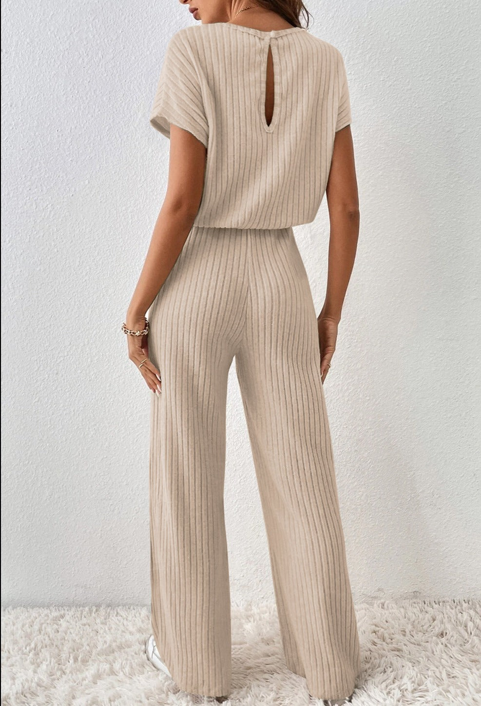 Ribbed Wide Leg Jumpsuit (Sand)